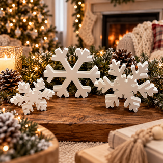 Wholesale wooden Christmas snowflakes displayed with fireplace and Christmas tree
white farmhouse snowflake decorations with holiday greenery
