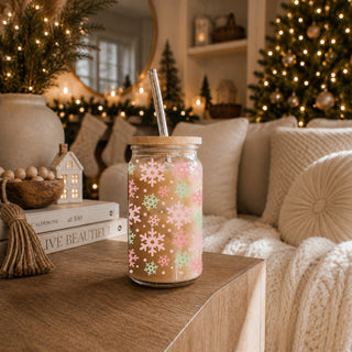 Winter snowflake glass tumbler 17oz bamboo lid - Pastel pink mint holiday coffee cup glass straw - Christmas drinkware
pastel pink Christmas Decor and green snowflake Christmas glass tumbler