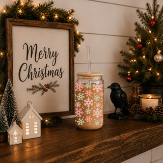 Christmas pastel pink mint snowflake coffee cup gifts - Winter festive drinkware bamboo lid
Christmas glass tumbler with mint and pink snowflake wrap
Christmas kitchen decor glass cup 17oz - Pastel snowflake pink mint holiday tumbler with straw - Soft winter drinkware