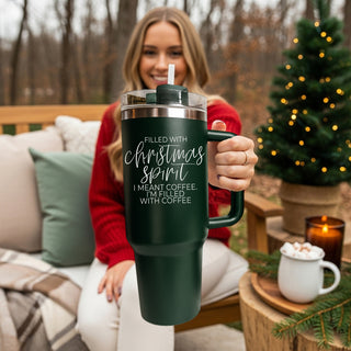 40oz Christmas tumbler with handle lid straw - filled with Christmas spirit I meant coffee Im filled with coffee
Double wall Christmas coffee tumbler  40oz
Insulated Christmas tumbler red green 
Stainless steel Christmas tumbler with handle