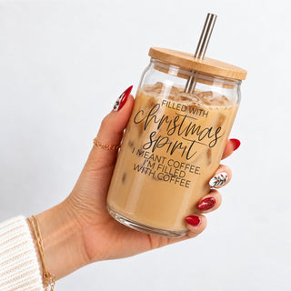 holiday iced coffee tumbler with bamboo lid
Christmas coffee lover gift glass tumbler
funny holiday coffee cup with lid and straw