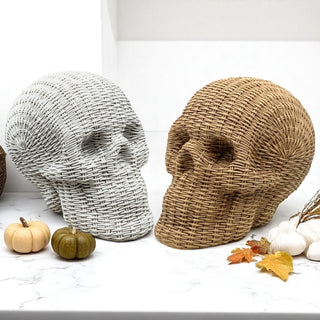 Rattan style resin skull decor basketweave texture neutral brown white halloween fall table accent durable