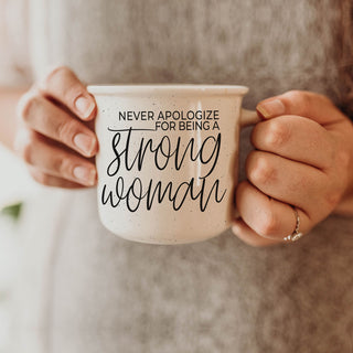 feminist quote ceramic coffee cup for women
inspirational strong woman mug gift
14oz strong woman affirmation coffee mug
neutral speckled strong woman ceramic mug
woman holding never apologize for being a strong woman mug
motivational coffee mug for powerful women
girl power mug with empowering quote