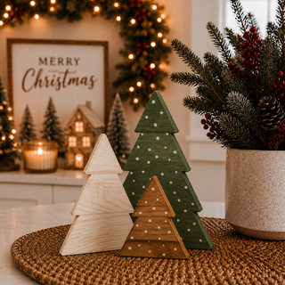 Nature-inspired Christmas decorations for a cozy home
Hand-painted farmhouse Christmas tree figurines
Warm neutral holiday décor with natural wood accents
Snowy wooden tree decorations for winter home décor
Timeless wooden Christmas decorations for seasonal styling
Holiday gift for a Scandinavian décor lover
Christmas gift for a cottage-style home
Decorative wooden tree trio for a seasonal hostess present
Unique Christmas home décor gift set