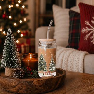 Holiday glass coffee cup 17oz - Christmas tree winter wonderland tumbler bamboo lid - Festive drinkware gift
Winter holiday glass cup - festive Christmas design with snowflakes
Christmas coffee tumbler gift - eco-friendly reusable glass cup