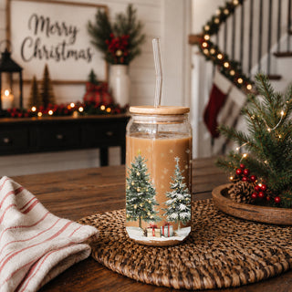 Christmas kitchen decor drinkware - festive glass tumbler with straw
Christmas coffee cup gift - glass tumbler with snowy tree design
Holiday coffee bar accessory – glass Christmas tumbler for kitchen or office