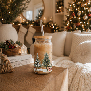 Holiday season drink cup - Christmas glass tumbler with bamboo lid
Holiday drinkware gift - reusable glass tumbler with winter wonderland theme
Christmas party glass cup - decorated Christmas trees with snow design
Festive tumbler with bamboo lid - holiday gift for coffee or tea lovers