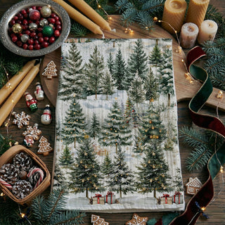 flour sack christmas towel snowy pine trees design
christmas tea towel winter forest scene decor
holiday dish towel christmas tree landscape print
decorative kitchen towel winter trees snowy design
soft cotton christmas towel evergreen forest pattern