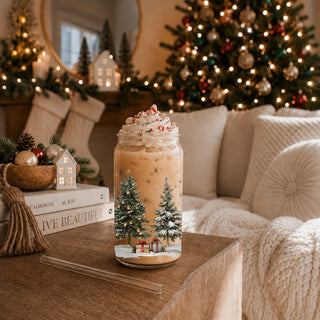 Unique Christmas coffee gift – 17oz glass tumbler with winter wonderland wrap
Seasonal Christmas kitchen decor - holiday tumbler cup with winter scene
Christmas glass tumbler gift idea - snowy tree design with bamboo lid