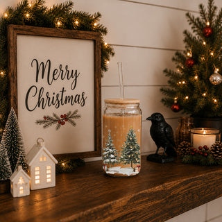 17oz Christmas glass tumbler - Winter tree holiday coffee cup with bamboo lid straw - Festive kitchen decor
Winter wonderland Christmas tumbler cup with bamboo lid and straw
Christmas gift for her - glass tumbler with snowy trees and presents
Reusable glass holiday cup - festive Christmas tree tumbler with lid