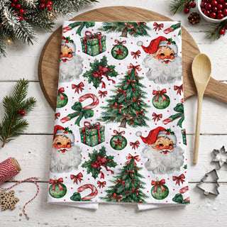 christmas towel with holly berries candy canes and bows
holiday dish towel christmas tree ornaments gift boxes pattern
festive towel with candy cane bow ornament holiday design
christmas kitchen towel with holly leaves and santa faces
holiday towel with christmas gifts bows and greenery