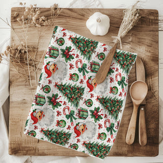 christmas kitchen towel with santa tree bows and gifts
holiday dish towel santa christmas tree pattern decor
festive christmas towel santa ornaments presents design
christmas kitchen towel red green holiday pattern decor
holiday towel with santa faces and christmas trees