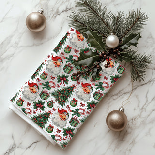 vintage santa christmas kitchen towel
retro holiday dish towel with santa and candy canes
christmas towel with vintage santa and mistletoe design
flour sack christmas towel with santa and holiday gifts