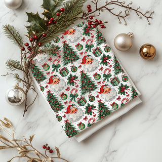 christmas dish towel featuring classic santa and ornaments
santa and christmas decor towel with nostalgic holiday design
fun holiday towel with retro santa and red green accents