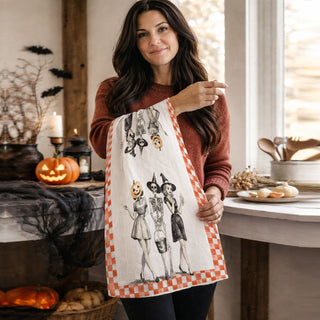 vintage sketch halloween towel with skeleton and witches
old fashioned spooky season towel with orange checks
retro halloween trio towel for fall coffee station