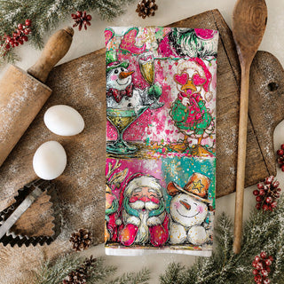 funny colorful christmas kitchen towel with santa and reindeer
unique holiday dish towel with cute animals and festive design
giftable christmas tea towel for women who love fun decor
bright christmas kitchen towel for festive holiday hosting
cute and funny christmas towel for holiday kitchen decor