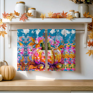 colorful thanksgiving pumpkin tea towel for hostess gift
bright harvest pumpkin towel for fall gift basket filler
unique artsy fall towel for colorful home accents
vibrant pumpkin and floral towel for autumn table décor
cheerful multicolored pumpkin towel for happy fall home