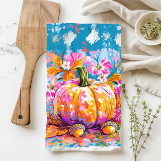 boho colorful pumpkin towel for eclectic autumn kitchen
bright fall kitchen towel for coffee bar decoration
vivid pumpkin and floral print towel for seasonal home décor
artistic fall pumpkin towel perfect for gift baskets