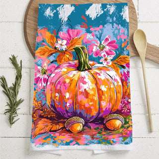 Wholesale bright watercolor pumpkin kitchen towel with pink flowers
colorful hand painted fall pumpkin dish towel
vibrant autumn pumpkin flour sack towel teal background
neon pink and orange pumpkin tea towel for bold fall décor
colorful kitchen towel for fall pumpkin spice decorating
eye catching pumpkin towel for seasonal sink and stove décor