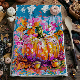 colorful thanksgiving pumpkin tea towel for hostess gift
bright harvest pumpkin towel for fall gift basket filler
unique artsy fall towel for colorful home accents
vibrant pumpkin and floral towel for autumn table décor
cheerful multicolored pumpkin towel for happy fall home