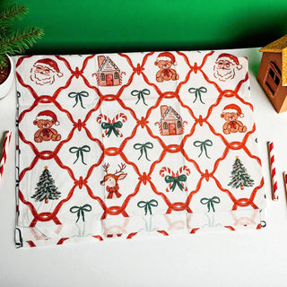 Teddy bear Christmas kitchen decor
red and green christmas towel with classic holiday icons
gingerbread and santa claus holiday kitchen towel