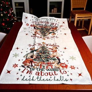 funny vintage christmas towel with kids decorating tree
retro christmas towel with humorous holiday quote
christmas kitchen towel with vintage children and tree