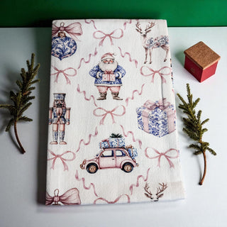 Elegant Christmas kitchen towels chinoiserie style
Vintage inspired holiday kitchen towels pink blue
Traditional Christmas pattern kitchen towels