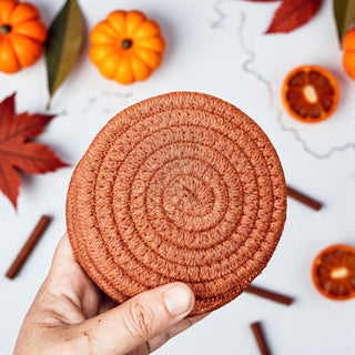 Round braided coasters neutral tones autumn home decor gift
Woven rope coasters set fall gift bundle with ribbon packaging