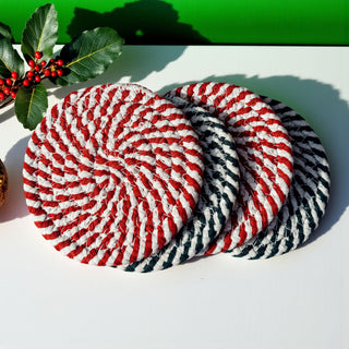 Wholesale Christmas coasters candy cane design braided rope holiday decor
Holiday gift set candy cane coasters red white green striped