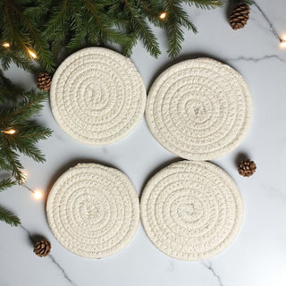 beige and white rope drink coasters natural neutral kitchen style
white cotton coasters with black and gold detail elegant farmhouse gift