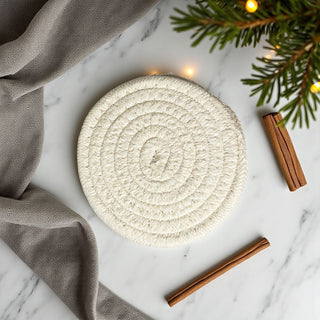 neutral home decor coaster set perfect for modern kitchens
braided rope coasters for coffee tables or end tables
minimalist kitchen accessory cotton coasters gift idea