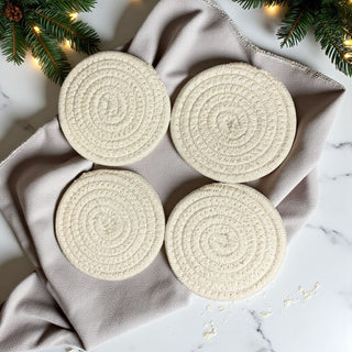 Wholesale cozy autumn coasters orange and brown tones with twine tag
fall farmhouse coasters cotton rope handmade gift set
braided coaster set for fall parties or seasonal entertaining