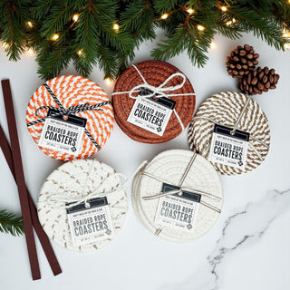 braided rope coasters set of 4 fall home decor gift with ribbon and tag
handmade fabric coasters in neutral and autumn colors perfect holiday gift