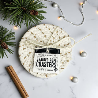 white and tan twisted coasters neutral boho home aesthetic
cream-colored holiday coasters giftable Christmas tableware