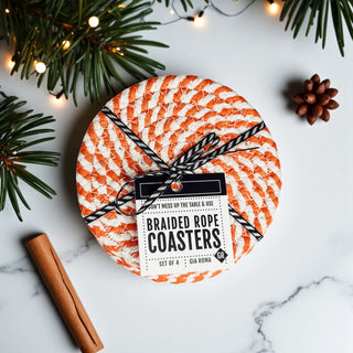 Wholesale rustic braided coasters for farmhouse or boho fall decor gift set
holiday drink coaster set with braided rope ready to gift with tag