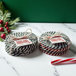peppermint themed coasters red and white holiday home accents
farmhouse Christmas coasters red and white braided fabric