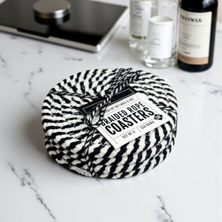 Table protection coasters black white braided rope gift set
Coffee table coasters black and white braided modern accessories
Bar coasters black white braided rope contemporary home decor