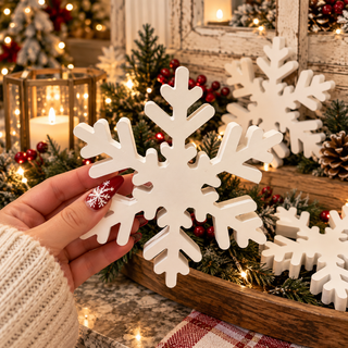 white wooden snowflake Christmas decorations on rustic wood table
wooden snowflake decor surrounded by Christmas greenery and red berries