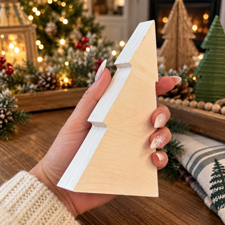 neutral wooden Christmas trees with festive greenery
Christmas tabletop tree decor with fireplace and holiday lights
green wooden Christmas tree with white snow dot accents
natural wood Christmas tree decoration in farmhouse Christmas setting