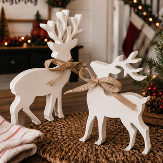 Set of two white wooden reindeer Christmas decorations
Merry Hooves white reindeer figurines with burlap bows
White MDF reindeer decorations for Christmas home décor
Freestanding wooden Christmas reindeer set of two
White reindeer figurines with rustic neck bows
Wooden reindeer Christmas decorations in two sizes
Neutral white holiday reindeer tabletop decorations
MDF Christmas reindeer figurines for indoor display
Decorative white wooden deer for Christmas
Set of two freestanding holiday reindeer