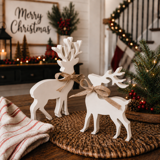 Wholesale White wooden reindeer displayed in a cozy Christmas living room
Farmhouse Christmas décor featuring white reindeer figurines
White Christmas reindeer styled with greenery and warm lights
Wooden reindeer decorations in a festive holiday home
Rustic Christmas tabletop décor with two white deer
White reindeer figurines beside Christmas greenery and berries
Neutral Christmas décor with white wooden reindeer
Holiday mantel display with decorative white reindeer