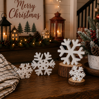 White holiday snowflake accents for a cozy seasonal display
Set of white MDF snowflakes for mantel tabletop and shelf décor
Wooden snowflake set for a Secret Santa gift
Christmas hostess gift with winter snowflake décor
White wooden snowflakes for a holiday gift basket
Winter decoration gift for newlyweds
Christmas gift for a sister who loves home décor
Wooden snowflake gift for a mother-in-law
Holiday gift for a farmhouse décor lover
Unique Christmas decoration gift for someone who has everything