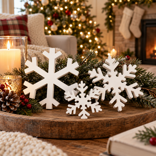 white snowflake Christmas tabletop decorations in cozy holiday living room
woman holding white wooden snowflake Christmas decoration