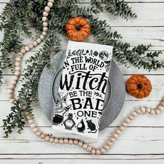 sassy witch saying towel for fall and halloween decorating
spell book and potion bottle witch towel for gothic kitchen
cheeky witch kitchen towel perfect for october gift baskets