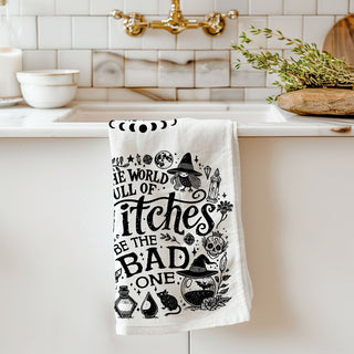 sassy witch quote kitchen linen for modern witches
novelty witch themed cotton towel for halloween bar décor
cheeky witch kitchen accent for pumpkin spice corner