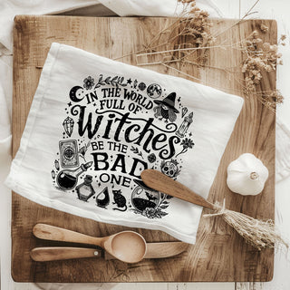 flour sack witch towel with stars moons and witch hat art
witch humor dish towel for coven girls night décor
bitchcraft sarcastic kitchen towel for modern witch home