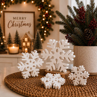 Assorted white wooden snowflakes in three designs
Decorative MDF snowflakes for winter home decorating
White freestanding snowflakes for shelves and mantels
Wooden Christmas snowflake decoration set
Large medium and small white snowflake figurines
White holiday snowflake decorations made from MDF
Indoor wooden snowflakes for Christmas decorating
White snowflake tabletop decorations with dimensional design
Reusable wooden snowflake decorations for winter
Decorative white Christmas snowflakes for seasonal dis