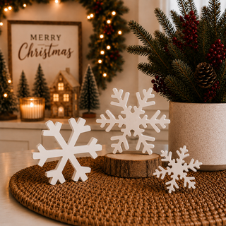 Freestanding wooden snowflakes for Christmas and winter decorating
White holiday snowflake accents for a cozy seasonal display
Set of white MDF snowflakes for mantel tabletop and shelf décor
Wooden snowflake set for a Secret Santa gift
Christmas hostess gift with winter snowflake décor
White wooden snowflakes for a holiday gift basket
Winter decoration gift for newlyweds
Christmas gift for a sister who loves home décor
Wooden snowflake gift for a mother-in-law
Holiday gift for a farmhouse décor lover