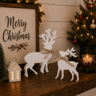 Rustic white reindeer decorations with detailed antlers
Wooden Christmas deer figures with burlap ribbon
White tabletop reindeer décor for the holidays
Christmas reindeer silhouettes made from MDF
Large and small white wooden reindeer decorations
Decorative reindeer pair for Christmas displays
White Christmas deer figurines for shelves and mantels
Farmhouse wooden reindeer decoration set
Neutral Christmas reindeer figurines with rustic bows
Indoor wooden reindeer decorations for holiday styling