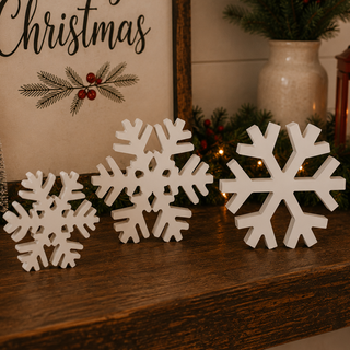 Large and small white snowflake figurines for shelf styling
Wooden snowflake Christmas decorations for a fireplace mantel
White snowflakes for a Christmas village or tabletop display
Rustic winter wonderland decorations made from MDF
White wooden snowflake trio for modern farmhouse holiday décor
Indoor Christmas snowflake decorations for shelves and tables
Decorative white snowflakes with assorted six-point designs
Freestanding wooden snowflakes for Christmas and winter decorating